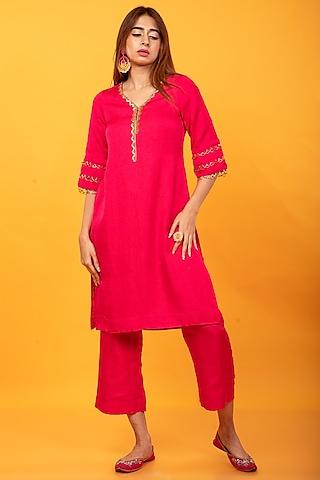 pink silk blend embroidered lahori kurta set for girls