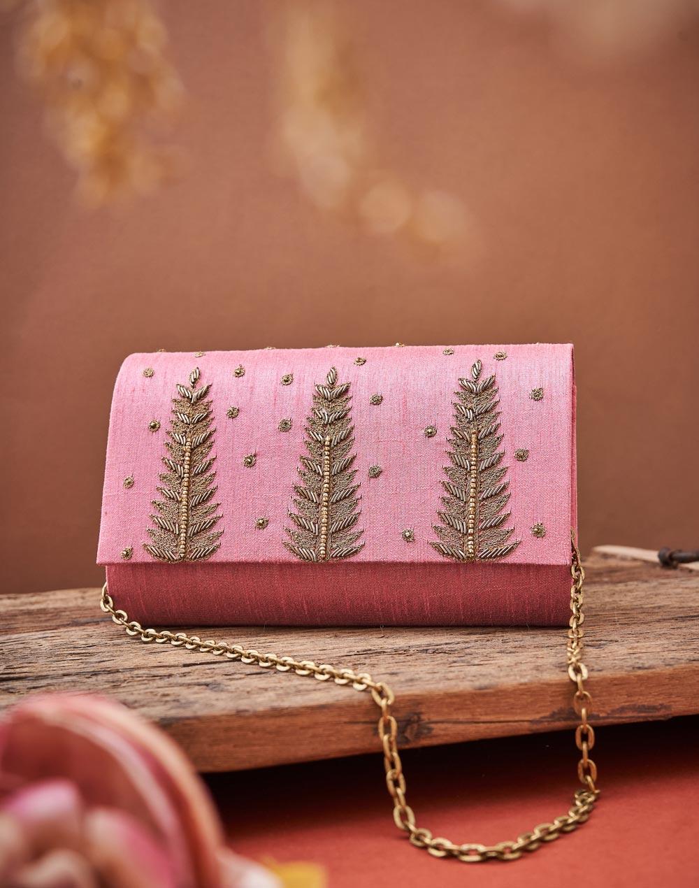 pink silk blend hand embroidered clutch bag