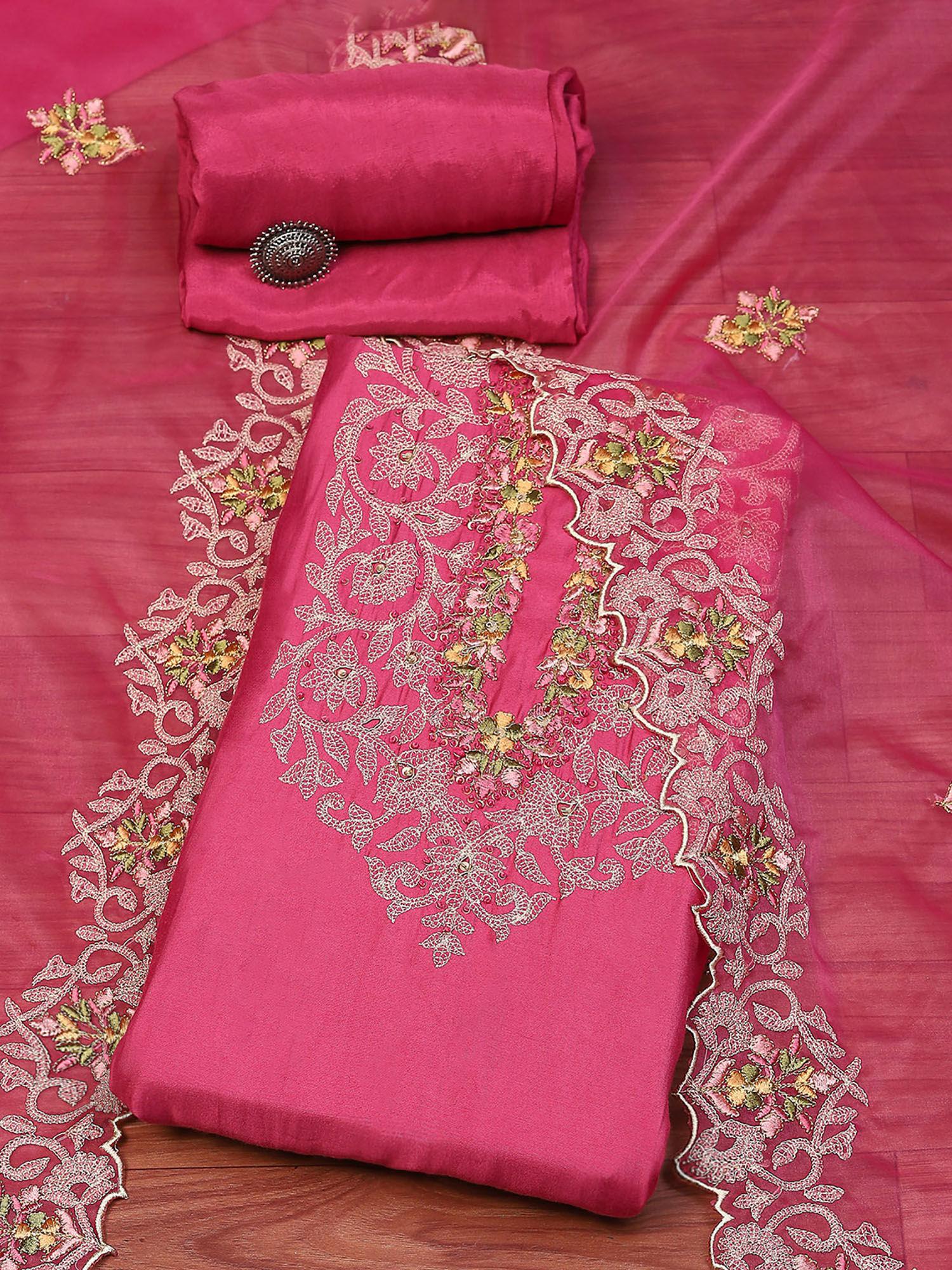 pink silk blend unstitched dress material (set of 3)