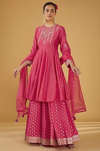 pink silk blend zari embroidered kurta set