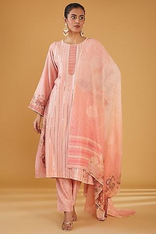 pink silk blend zari embroidered kurta set