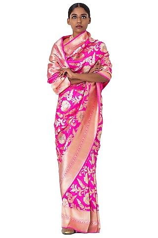 pink silk brocade saree