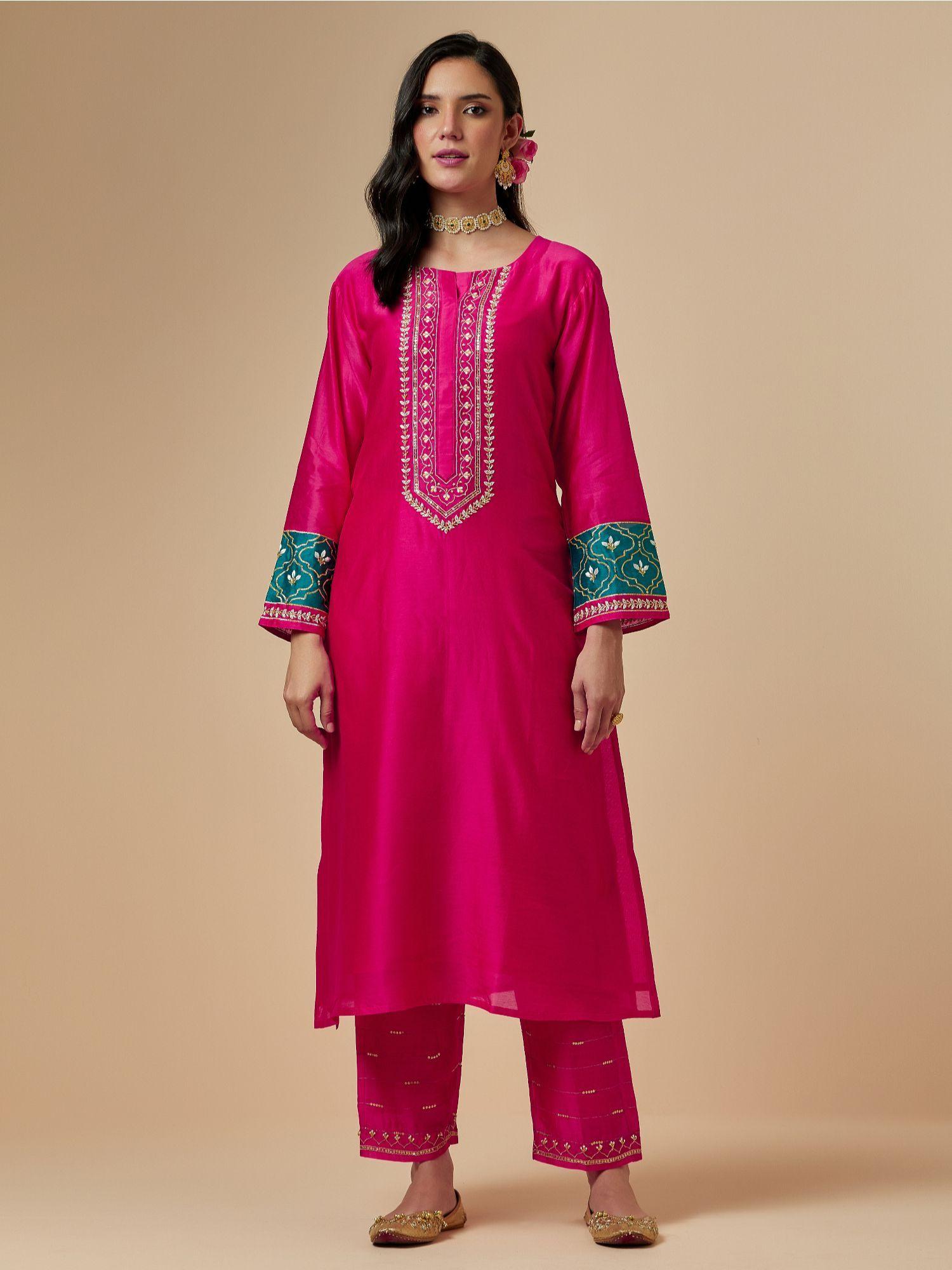 pink silk chanderi a-line hand embroidered kurta