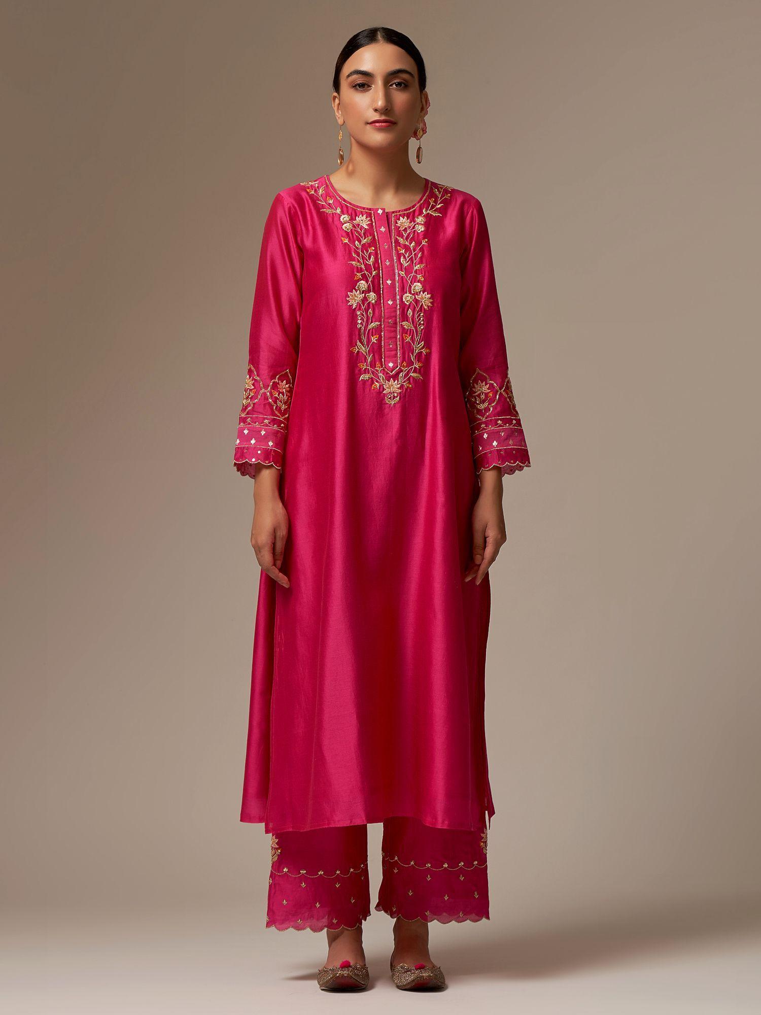 pink silk chanderi a-line kurta with hand embroidery