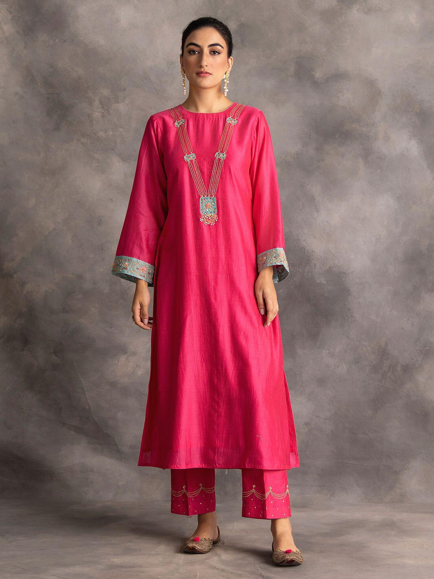 pink silk chanderi a-line kurta with hand embroidery