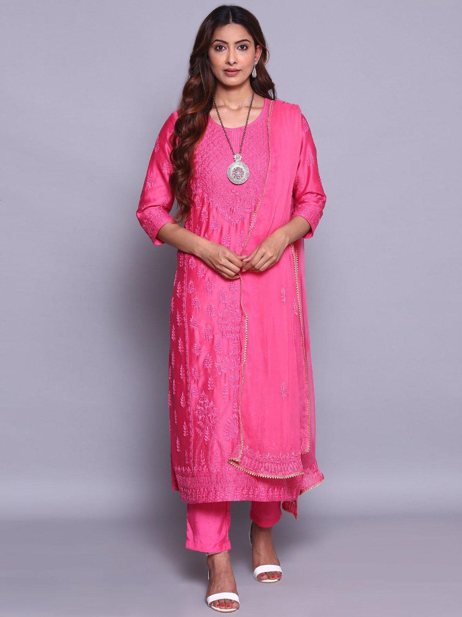 pink silk chanderi easy stitch suit set (set of 3)