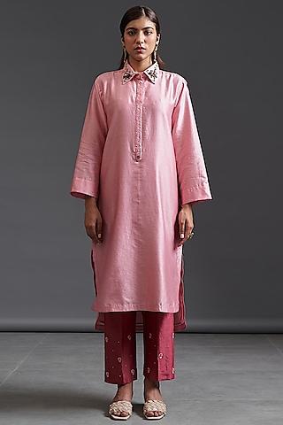 pink silk chanderi embroidered tunic set