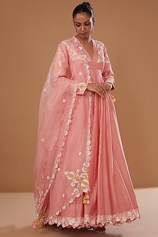 pink silk chanderi hand embellished anarkali set