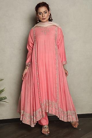 pink silk chanderi hand embroidered kalidar kurta set