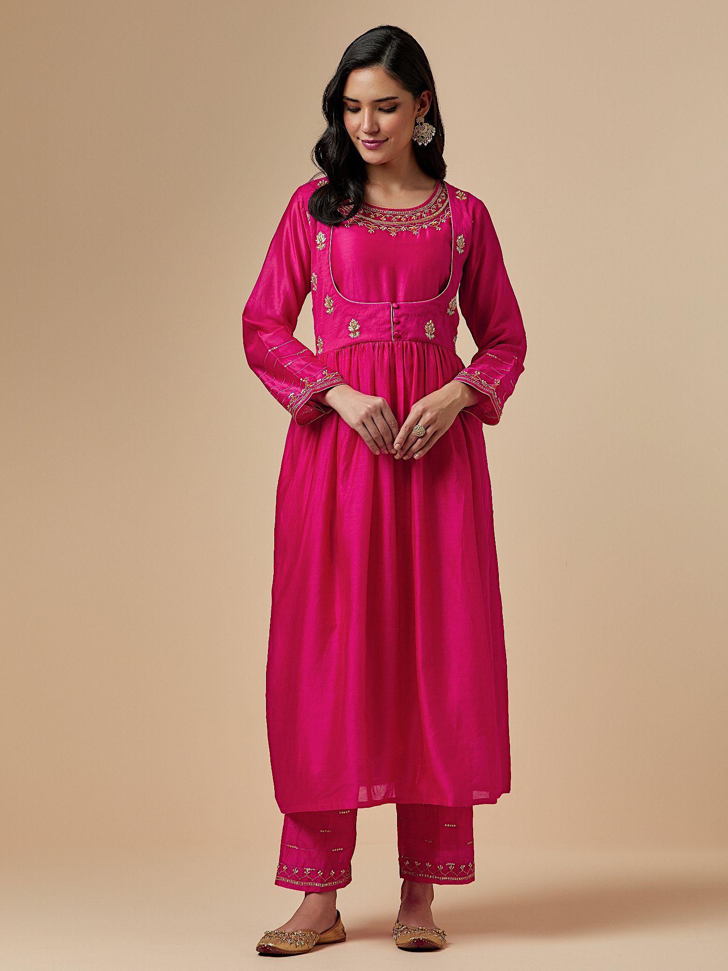 pink silk chanderi hand embroidered kurta with gathers