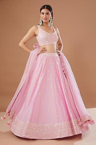 pink silk chanderi hand embroidered lehenga set