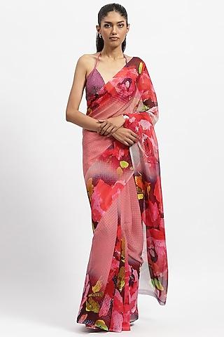 pink silk chiffon printed saree