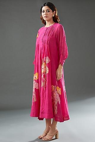 pink silk cotton printed midi dress