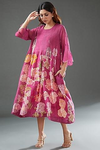 pink silk cotton printed midi dress
