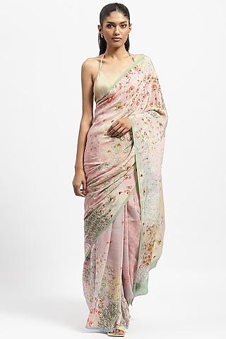 pink silk crepe embellished saree