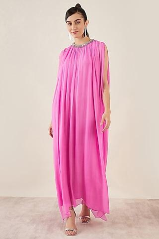 pink silk crystal hand embellished gathered maxi dress