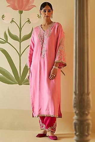 pink silk dabka & pearl embroidered choga kurta set