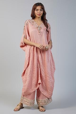 pink silk dori embroidered kaftan set