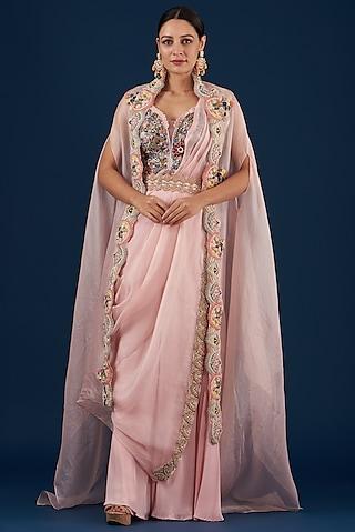 pink silk draped pant saree set