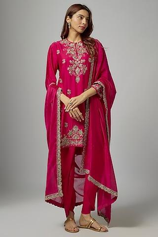 pink silk embroidered kurta set