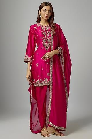 pink silk embroidered kurta set