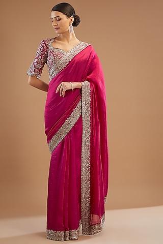 pink silk embroidered saree set