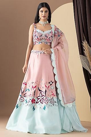 pink silk floral applique embroidered lehenga set