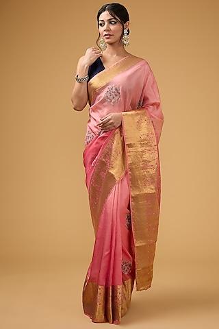 pink silk floral boota embroidered saree set