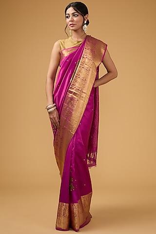 pink silk floral embroidered & printed saree set