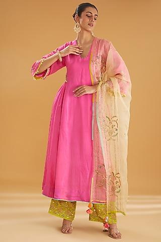 pink silk hand embroidered kurta set
