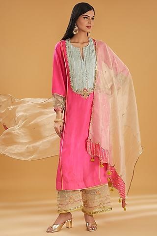 pink silk hand embroidered kurta set