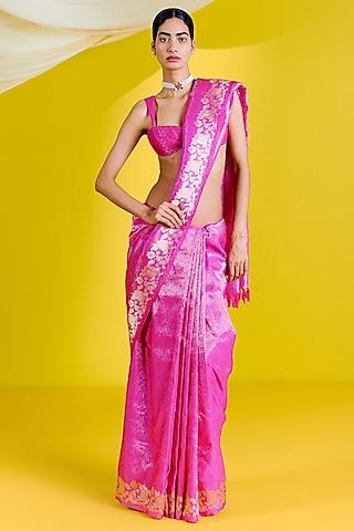 pink silk handwoven banarasi kadwa saree set