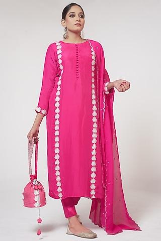 pink silk kashmiri silver tilla & aari embroidered kurta set