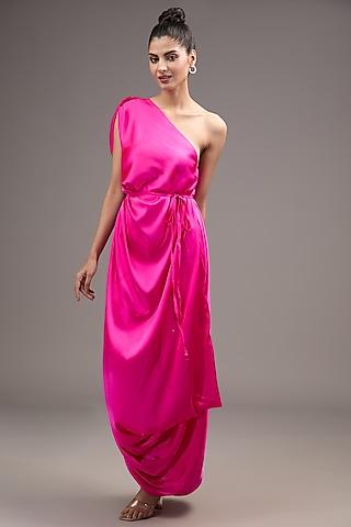 pink silk lycra satin one-shoulder pleated dress