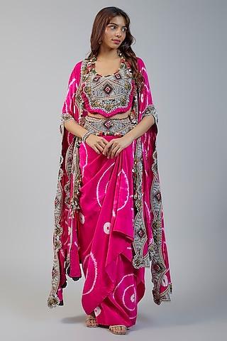 pink silk mirror embroidered tie-dye butterfly cape set