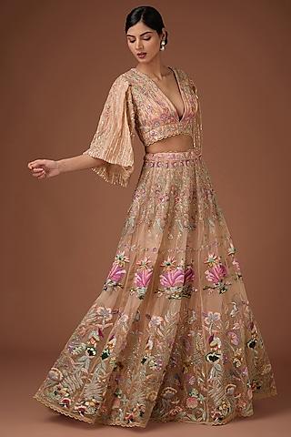 pink silk organza aari & floral hand embroidered lehenga set