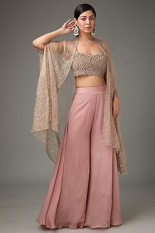 pink silk organza embellished cape set