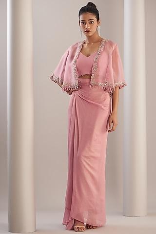 pink silk organza embroidered cape set