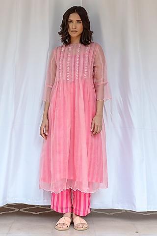 pink silk organza hand embroidered tunic