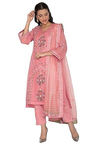 pink silk organza thread & sequins embroidered tunic set