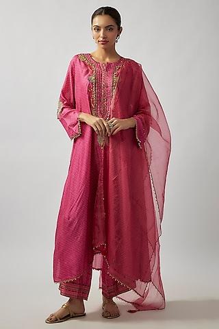 pink silk resham chintz printed & thread embroidered kurta set
