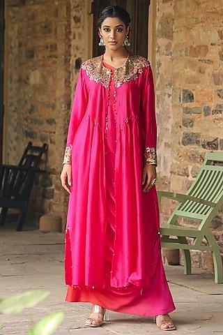 pink silk resham embroidered jacket dress