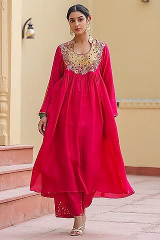 pink silk resham embroidered kurta set