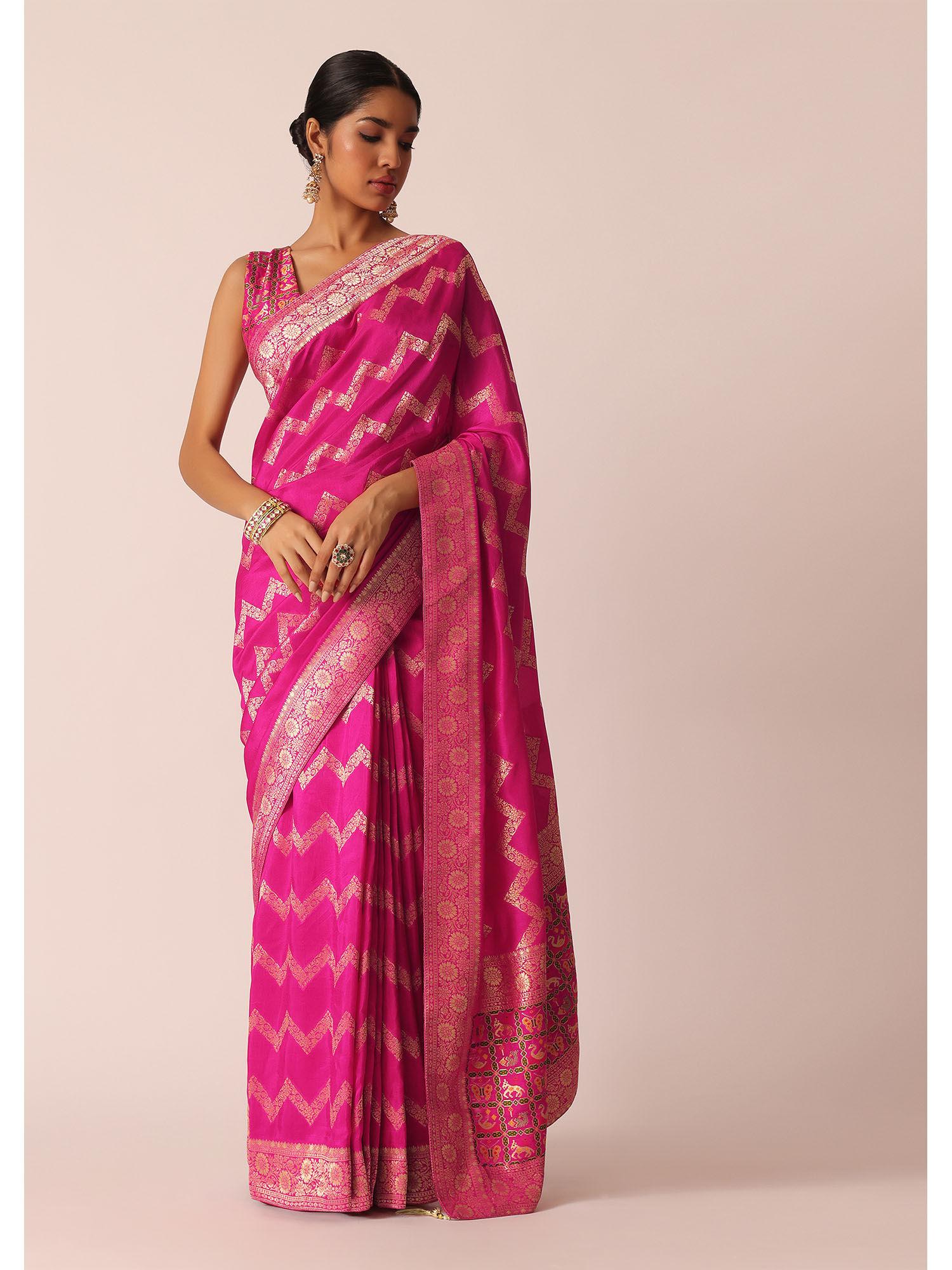 pink silk saree with zari zig zag detail and unstitched blouse