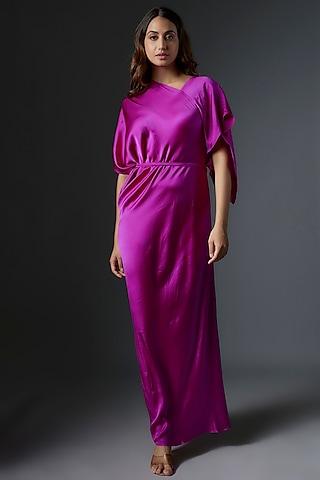 pink silk satin one-shoulder dress with belt