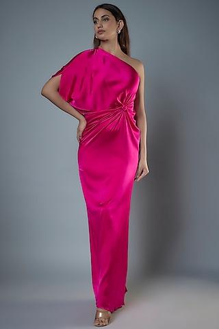 pink silk satin one-shoulder dress