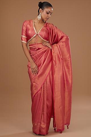 pink silk self printed & embroidered saree set