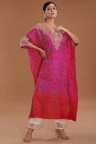 pink silk shaded gota embroidered kaftan set