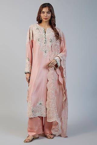 pink silk silver thread embroidered straight kurta set