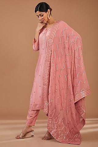 pink silk thread work kurta set